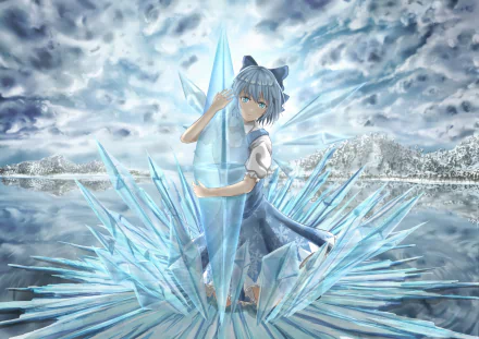 HD PC desktop wallpaper featuring Cirno from Touhou standing amidst large ice crystals in an anime-style snowy landscape.