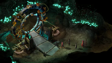 HD desktop wallpaper from Torment: Tides of Numenera featuring characters exploring a cave with glowing flora and strange machinery.