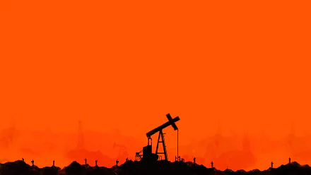 HD PC desktop wallpaper from the movie There Will Be Blood: black silhouette of an oil pumpjack and crosses along a stark horizon against a vivid orange sky.