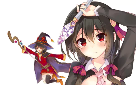 HD desktop wallpaper featuring Yunyun and Megumin from the anime, KonoSuba: God’s Blessing on This Wonderful World!!. Yunyun is in the foreground with a shy expression, while Megumin, in her iconic outfit, is in the background.