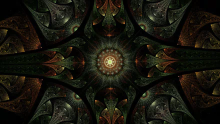 A dark, abstract fractal image in shades of brown and green, featuring intricate patterns radiating from a central point. High-definition desktop wallpaper and background.