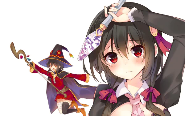HD desktop wallpaper featuring Yunyun and Megumin from the anime, KonoSuba: God’s Blessing on This Wonderful World!!. Yunyun is in the foreground with a shy expression, while Megumin, in her iconic outfit, is in the background.