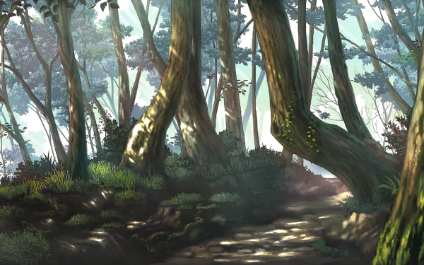 A high-definition anime-style wallpaper depicting a serene forest with tall trees and a sunlit path weaving through lush greenery.