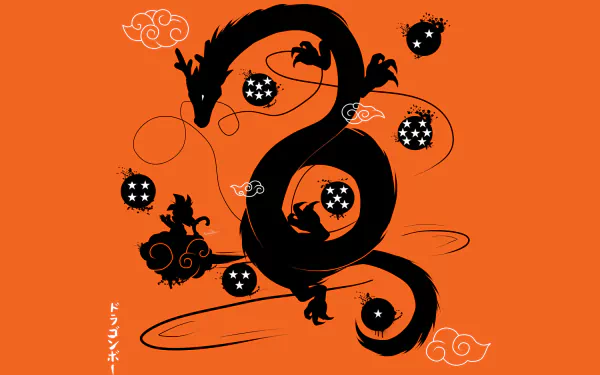 HD desktop wallpaper of Shenron from Dragon Ball, featuring a silhouette of Goku with dragon balls set against an orange background. Classic anime art style showcasing iconic elements from the series.