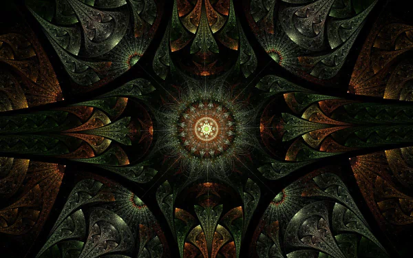 A dark, abstract fractal image in shades of brown and green, featuring intricate patterns radiating from a central point. High-definition desktop wallpaper and background.