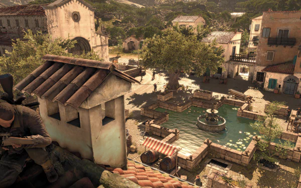 HD Sniper Elite 4 desktop wallpaper featuring a sniper overlooking an Italian village square with a fountain.