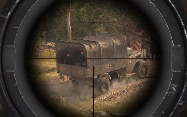 HD desktop wallpaper featuring a scene from Sniper Elite 4 with a crosshair view on a military truck and soldier.
