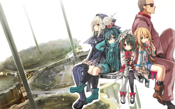 HD desktop wallpaper featuring characters from the anime Clockwork Planet. The characters are sitting together with intricate clockwork gears in the background.