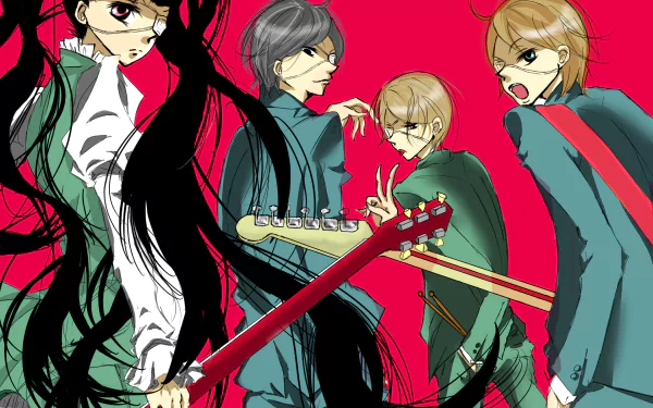 HD desktop wallpaper featuring characters from the anime Fukumenkei Noise, highlighting a band with vibrant colors and dynamic composition against a bright red background.