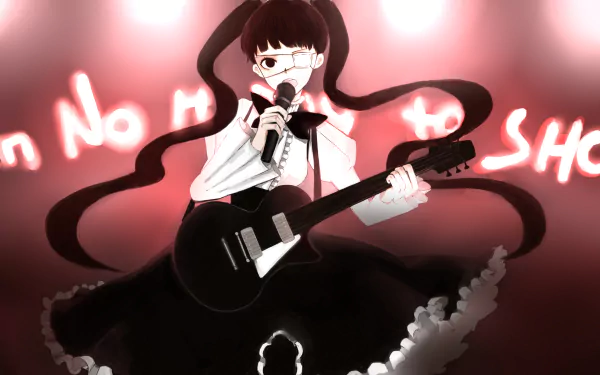 An HD desktop wallpaper featuring an anime character from Fukumenkei Noise, holding a microphone and guitar, set against a vibrant red background with text in the shadows.