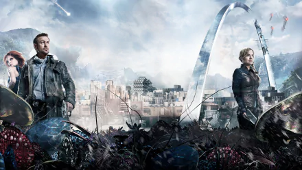 HD PC desktop wallpaper featuring characters Irisa and Nyira from the TV show Defiance, set against a post-apocalyptic cityscape with the iconic arch in the background.
