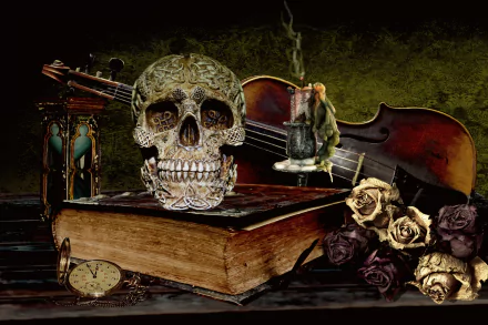 A still life HD desktop wallpaper featuring a skull, hourglass, candle, pocket watch, violin, book, and roses against a dark, textured background.