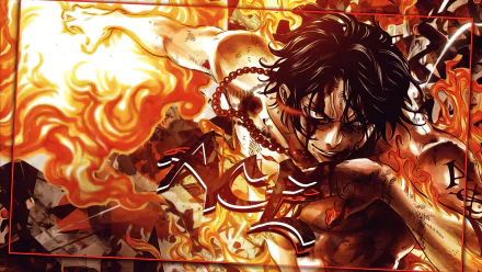 HD wallpaper featuring Portgas D. Ace from the anime One Piece, with a fiery backdrop, showcasing his intense and fiery powers.