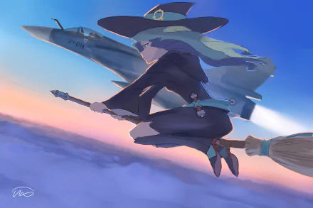 Diana Cavendish from Little Witch Academia flies on her broom beside a jet, set against a colorful sky in this HD anime desktop wallpaper.