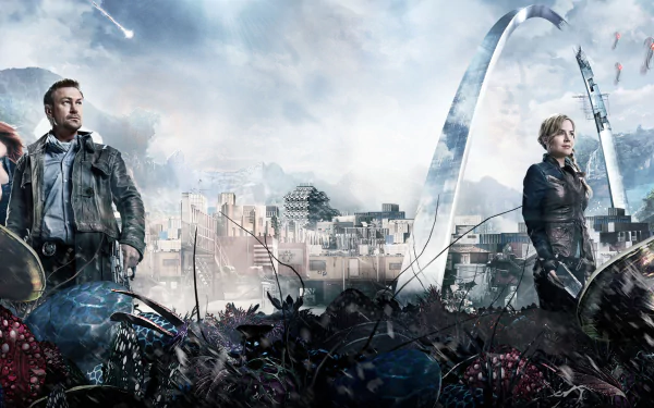 HD PC desktop wallpaper featuring characters Irisa and Nyira from the TV show Defiance, set against a post-apocalyptic cityscape with the iconic arch in the background.