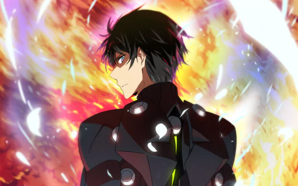 HD desktop wallpaper featuring a character from The Irregular at Magic High School anime, showcasing a dramatic pose with a vibrant, fiery background.