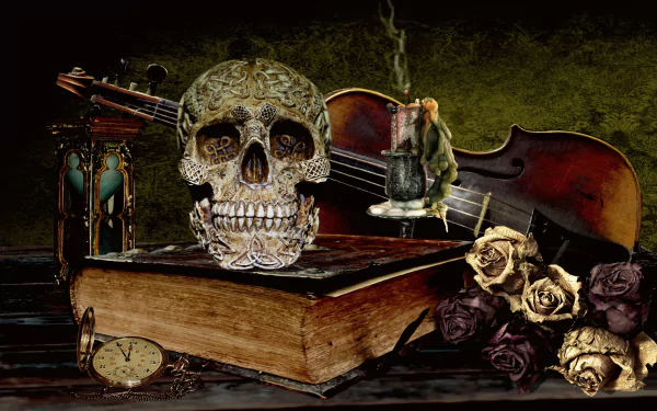 A still life HD desktop wallpaper featuring a skull, hourglass, candle, pocket watch, violin, book, and roses against a dark, textured background.