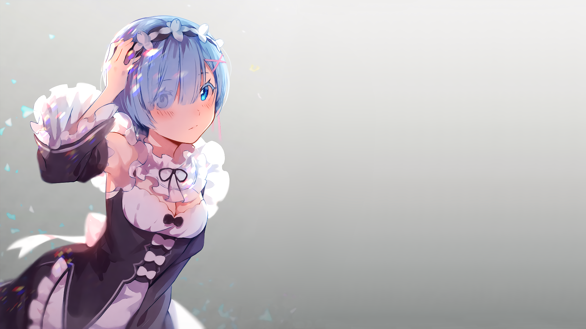 HD desktop wallpaper of Rem from Re:Zero - Starting Life in Another World, featuring her blue hair, blue eyes, and maid outfit, standing against a plain background.