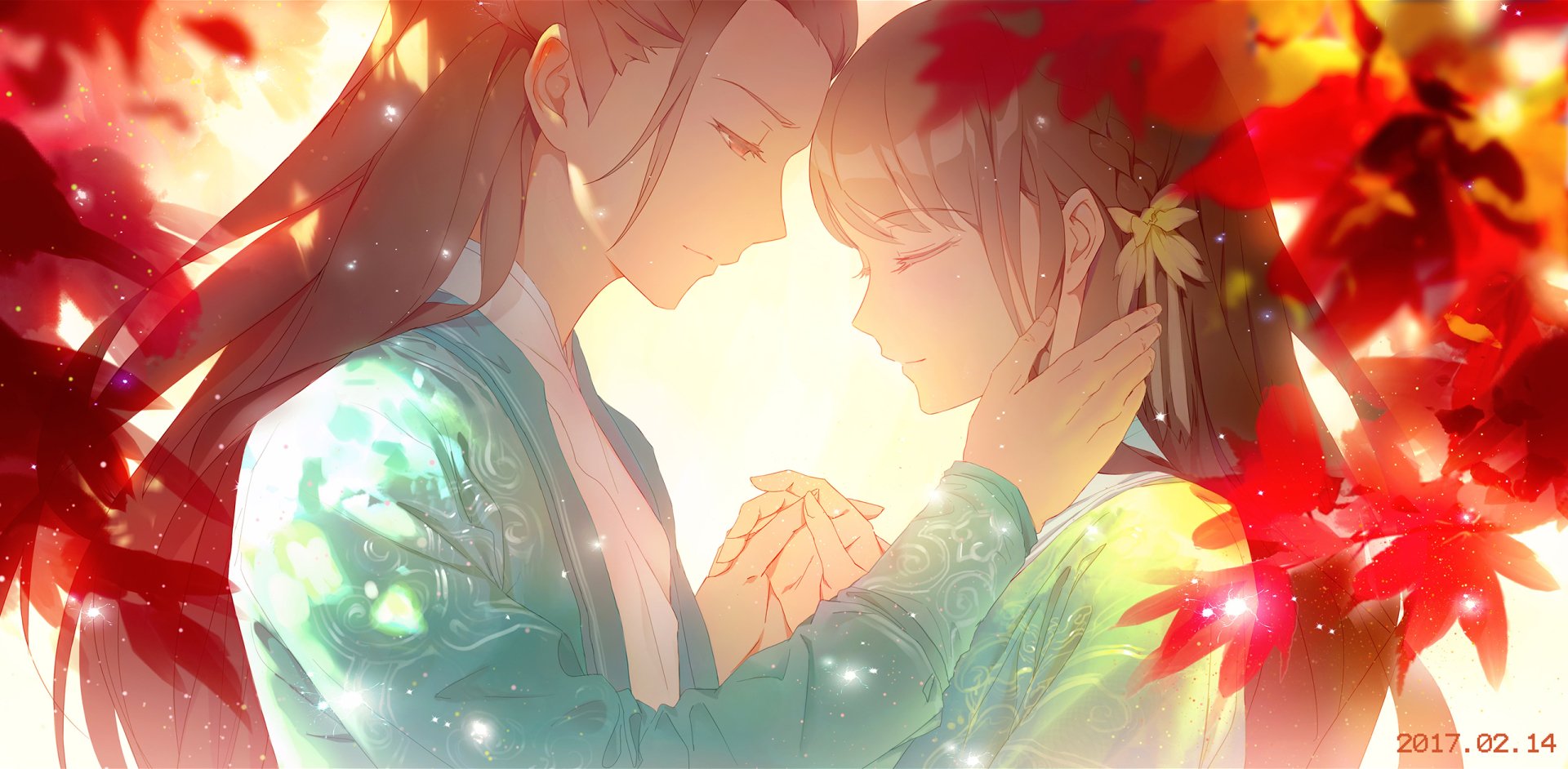 HD anime desktop wallpaper depicting a tender moment of love between two characters with warm lighting and vibrant autumn leaves surrounding them.