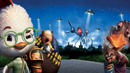 HD PC desktop wallpaper/background from the Chicken Little movie: Chicken Little and friends in the foreground while alien tripods and UFOs beam lights over a nighttime town.