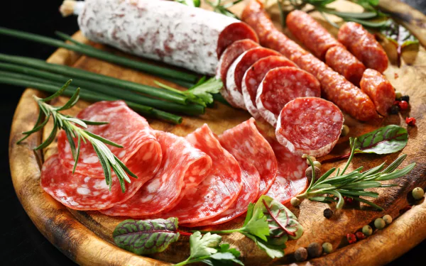 5K Ultra HD PC desktop wallpaper: still-life of salami and cured meats on a wooden board, with sliced rounds, whole sausages, fresh herbs and scattered peppercorns.