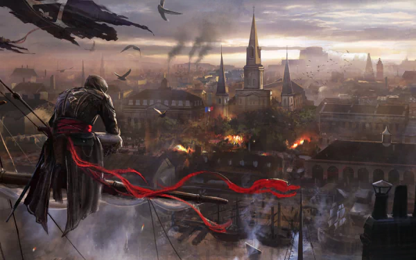 HD desktop wallpaper of Arno Dorian from Assassin's Creed: Unity, overlooking a burning cityscape with towering spires and smoke-filled skies.