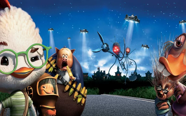 HD PC desktop wallpaper/background from the Chicken Little movie: Chicken Little and friends in the foreground while alien tripods and UFOs beam lights over a nighttime town.