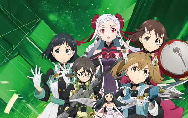 HD PC desktop wallpaper featuring Shino Asada, Yui, Lisbeth, Keiko Ayano, Silica, Rika Shinozaki, Suguha Kirigaya, and Yuna from Sword Art Online Ordinal Scale.