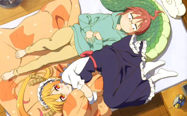HD wallpaper featuring Kobayashi and Tohru from Miss Kobayashi's Dragon Maid. The anime characters are resting together on a bed, highlighting a cozy and serene scene.