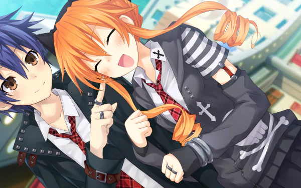 HD wallpaper featuring anime characters Kaguya Yamai and Shido Itsuka from Date A Live. Kaguya is playfully smiling while holding a strand of her orange hair, and Shido is relaxed with a gentle smile.