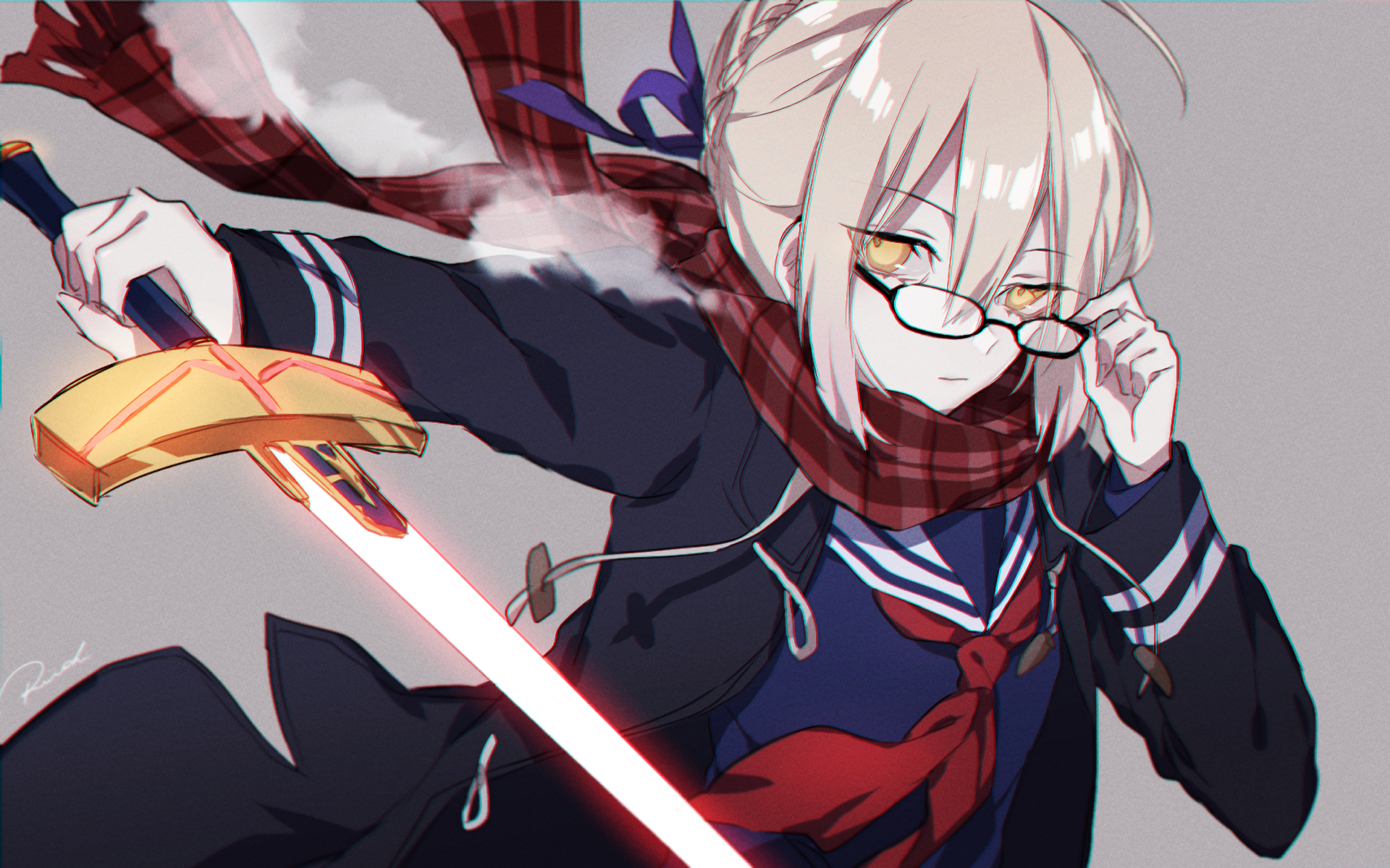 HD desktop wallpaper featuring Heroine X, also known as Saber from the Fate Series and Fate/Grand Order. She is depicted in an anime style, holding a glowing sword and wearing a scarf and glasses.