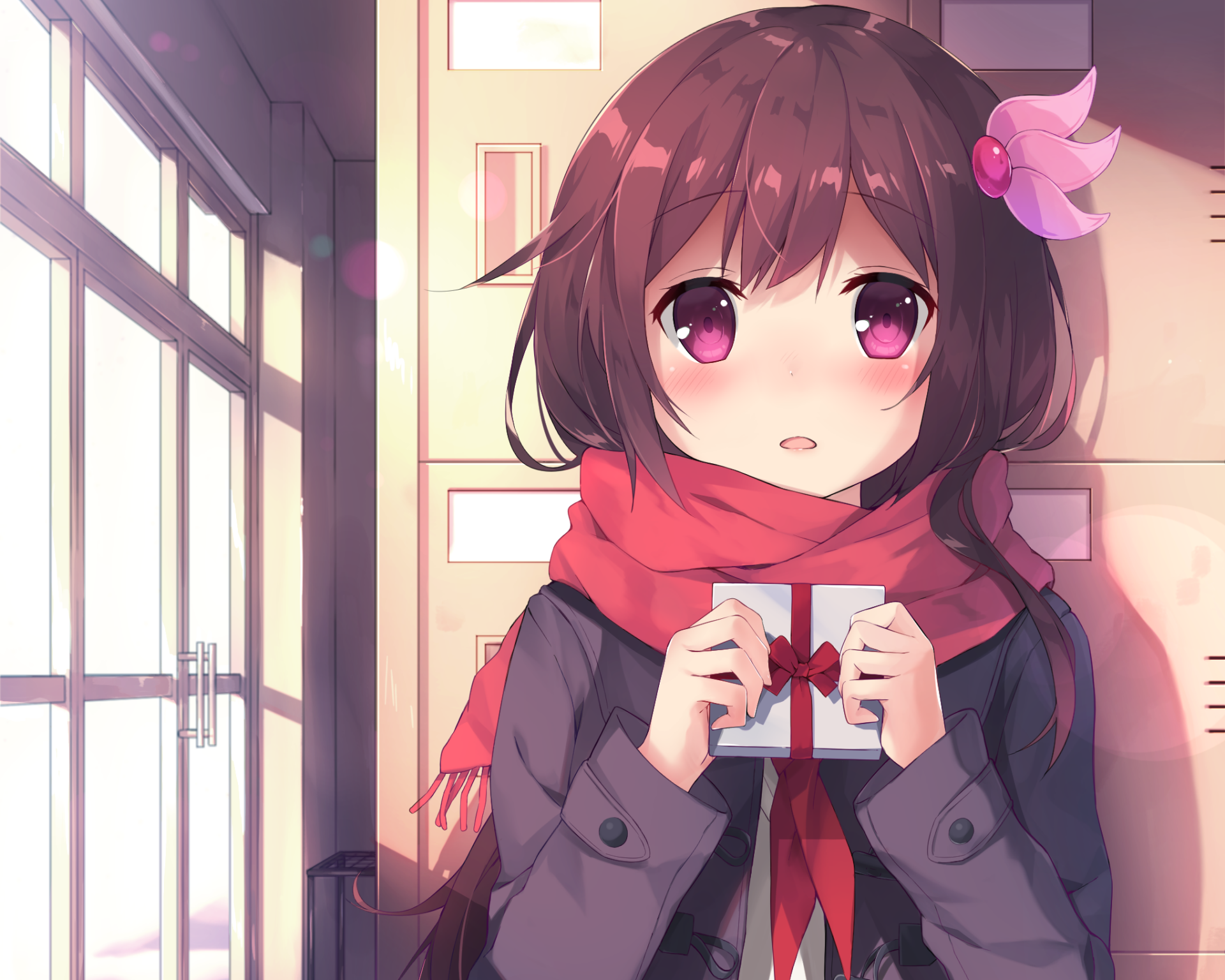 An anime girl with short brown hair, wearing a red scarf and holding a small gift, stands in front of lockers with light streaming in from a window. HD desktop wallpaper and background.