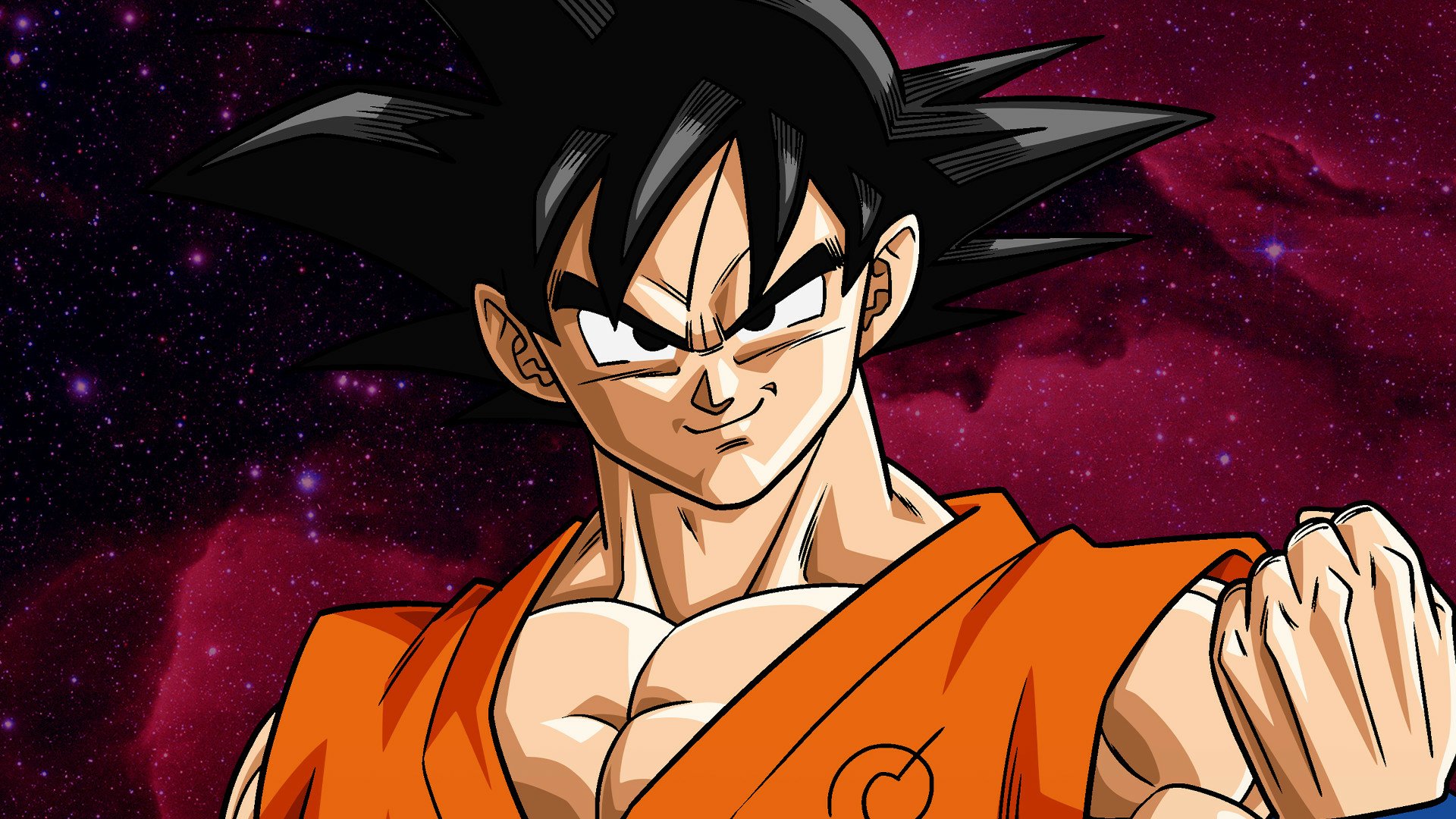 Anime HD PC desktop wallpaper: Goku from Dragon Ball Z: Resurrection of F, smirking in an orange gi against a red, starry space background.