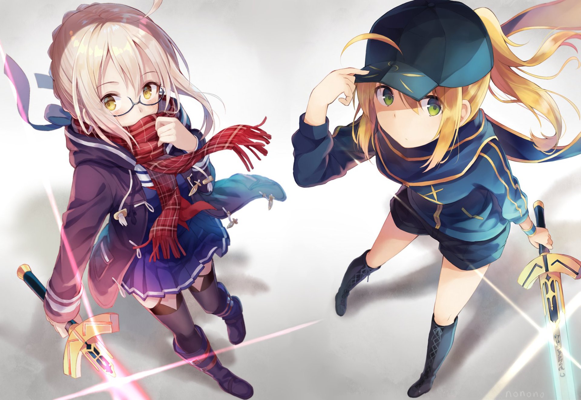 HD desktop wallpaper featuring two characters from Fate/Grand Order anime in vibrant outfits, one with glasses and a red scarf, the other in a blue hat and sporty attire.