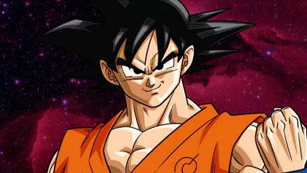 Anime HD PC desktop wallpaper: Goku from Dragon Ball Z: Resurrection of F, smirking in an orange gi against a red, starry space background.