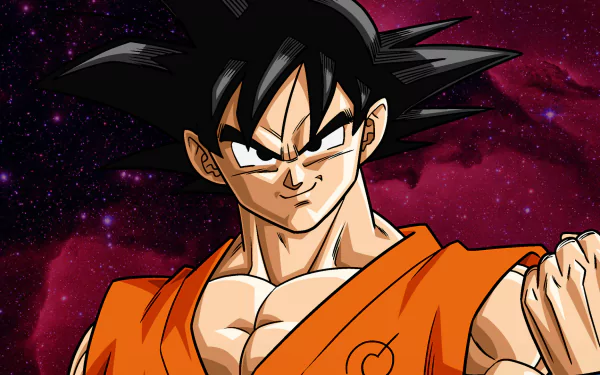 Anime HD PC desktop wallpaper: Goku from Dragon Ball Z: Resurrection of F, smirking in an orange gi against a red, starry space background.