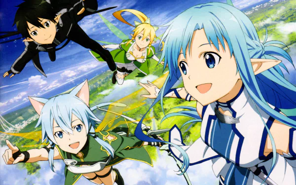4K Ultra HD anime wallpaper featuring Sword Art Online II characters soaring above a vibrant landscape with dynamic poses and bright, detailed colors.