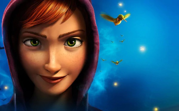 HD PC desktop wallpaper featuring a close-up of a red-haired character from the movie Epic, with glowing fireflies and a bright blue background.
