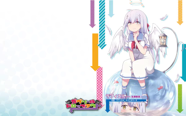 HD PC desktop wallpaper featuring Raphiel Shiraha Ainsworth from the anime Gabriel DropOut, with colorful arrows and a playful, light blue background.