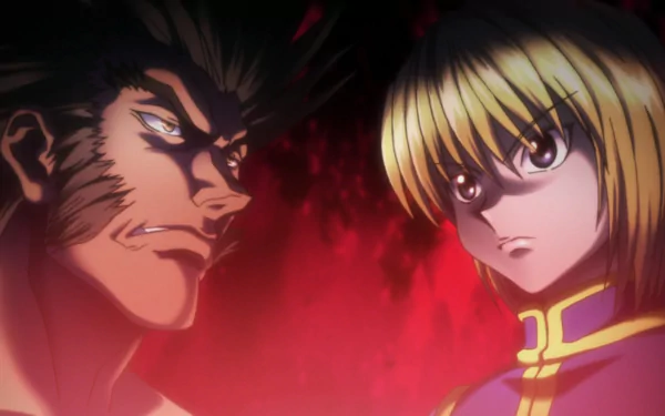 Anime wallpaper featuring Uvogin and Kurapika from Hunter x Hunter. The characters are positioned against a dark, dramatic background, highlighting their intense expressions.