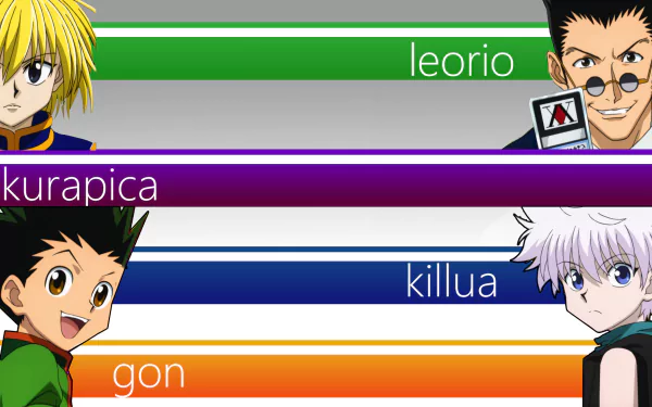 HD desktop wallpaper of the Hunter x Hunter anime featuring characters: Leorio Paradinight, Kurapika, Killua Zoldyck, and Gon Freecss with colorful backgrounds labeled with their names.