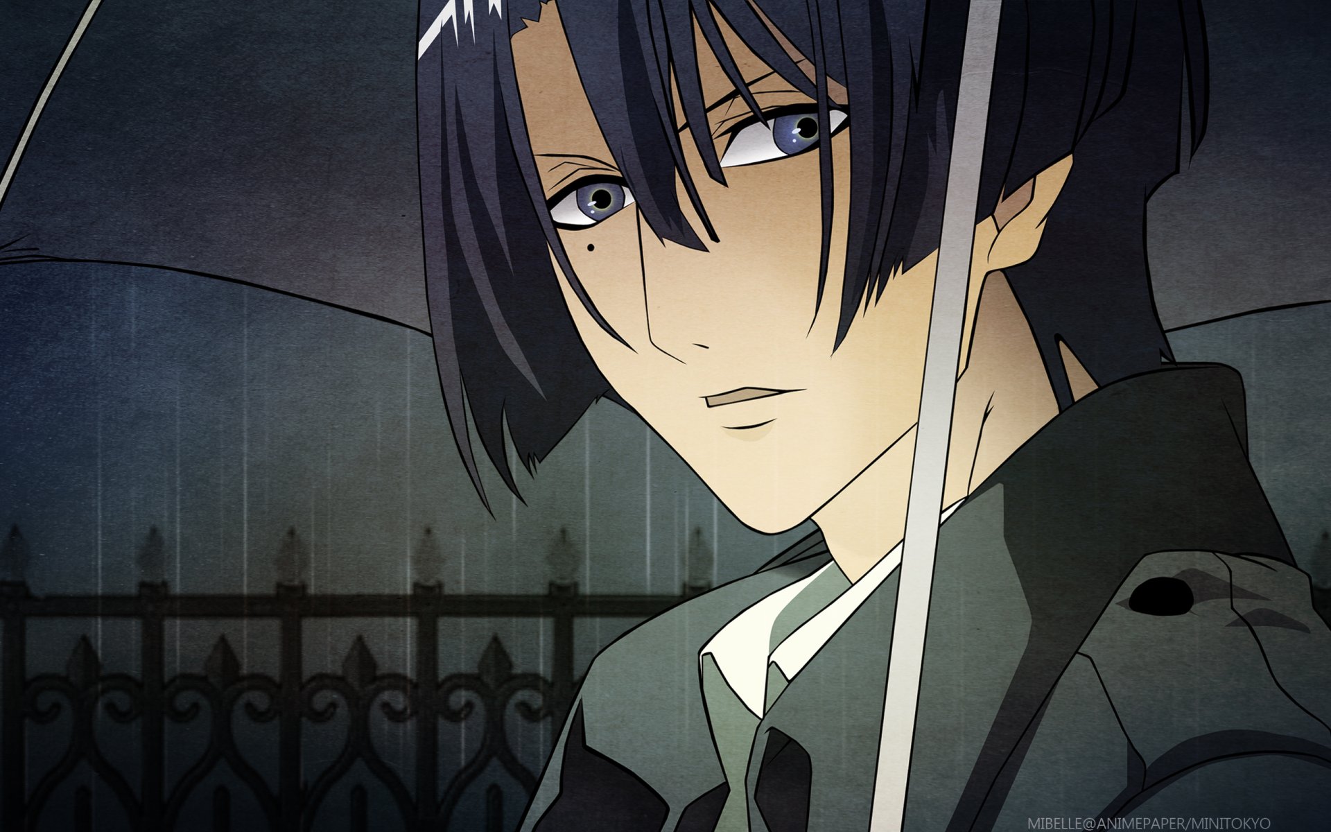 Uta no Prince-sama anime character with dark hair in a coat holding an umbrella, glancing to the side against a moody, rain-soaked backdrop — 2K Quad HD PC desktop wallpaper.