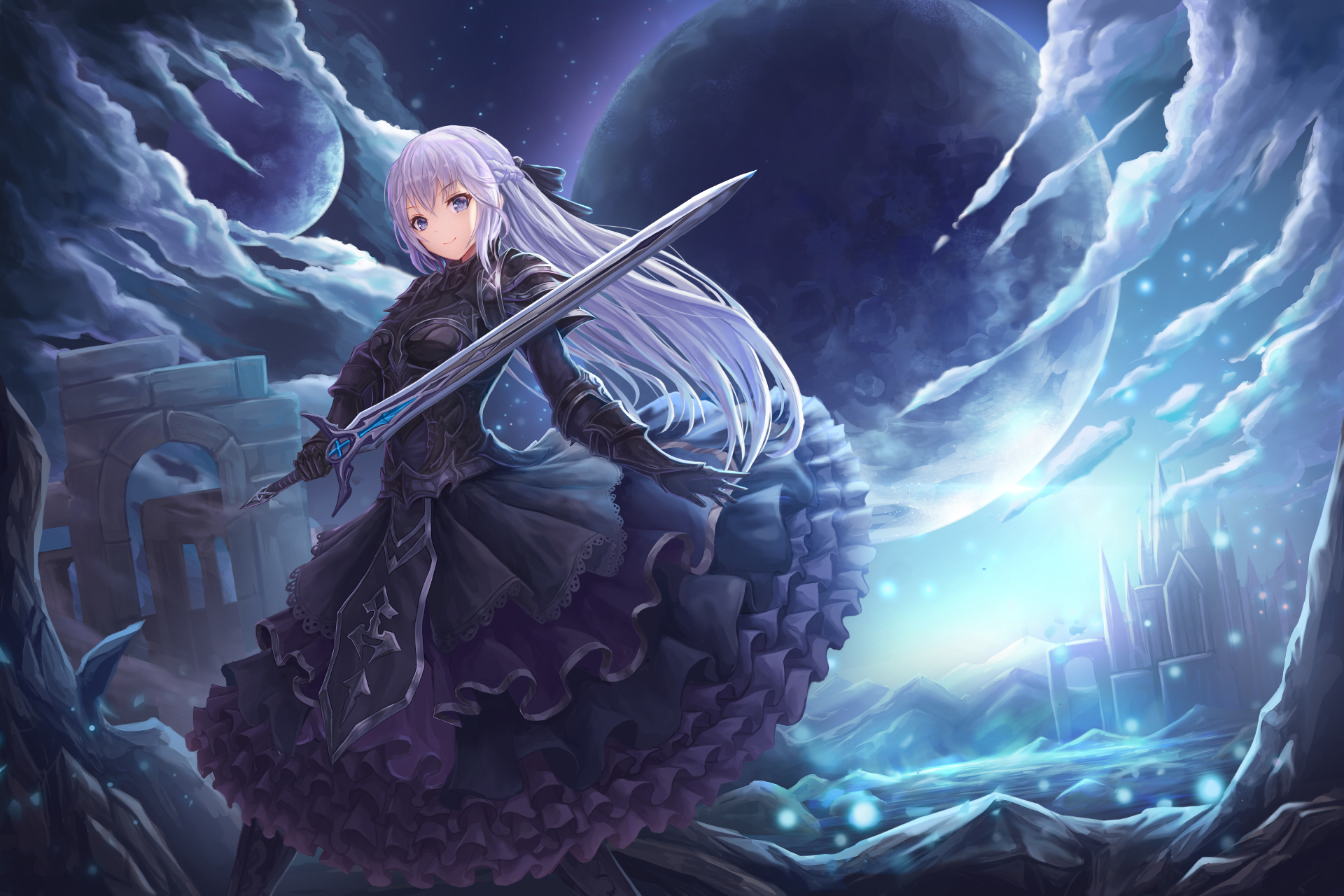 HD wallpaper featuring an anime girl with long lavender hair, holding a sword, set against a dramatic, moonlit sky with crumbling ruins in the background.