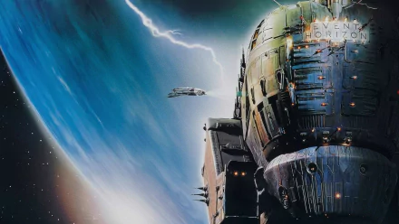 HD PC desktop wallpaper featuring a detailed spaceship from the movie Event Horizon against a backdrop of space and lightning.