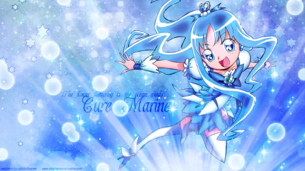 HD desktop wallpaper of Kurumi Erika (Cure Marine) from Heartcatch Precure!: smiling blue-haired magical girl in frilled blue costume, striking an energetic pose amid sparkling bubbles and light rays.
