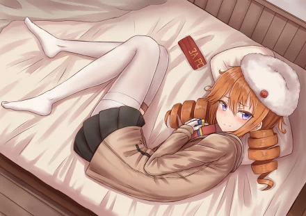 Anime wallpaper of Tashkent (Warship Girls) reclining on a bed in a brown coat, white fur beret and thigh-high socks — HD PC desktop wallpaper and background.