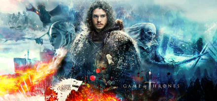 HD desktop wallpaper of Game of Thrones featuring Jon Snow, Daenerys Targaryen, and a White Walker amidst a dramatic fiery and icy background.
