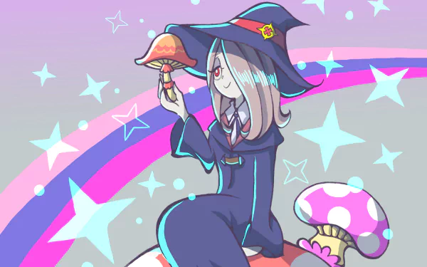HD PC desktop wallpaper featuring Sucy Manbavaran from the anime Little Witch Academia, surrounded by colorful stars and mushrooms in a whimsical, magical setting.