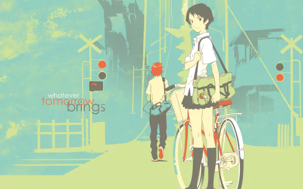 HD anime desktop wallpaper featuring characters from The Girl Who Leapt Through Time with a muted color palette and the text whatever tomorrow brings integrated.