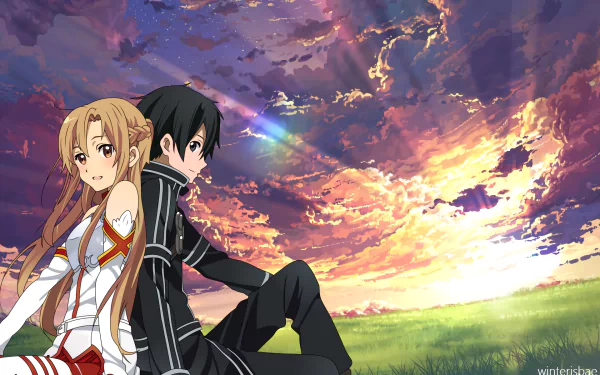Anime HD PC desktop wallpaper featuring Sword Art Online characters Kirito and Asuna sitting back-to-back against a vibrant sunset and grassy field background.